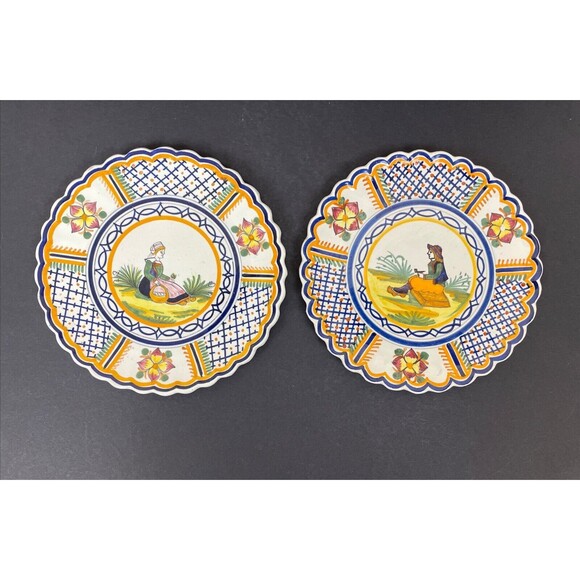 Vintage Set of 2 Henriot Quimper French Faience 6 Plates